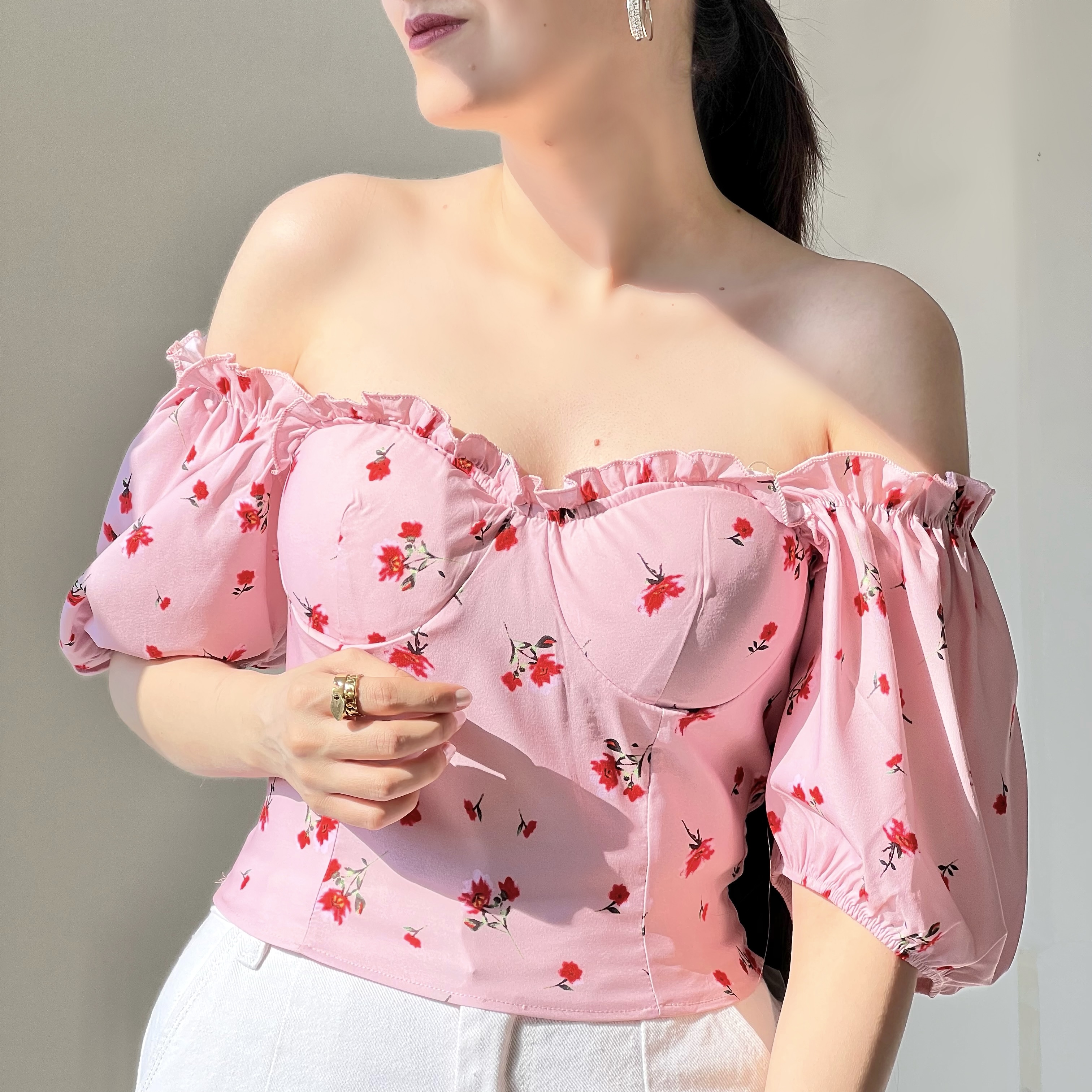 کراپ وارداتی گلدار صورتی اسفنجی