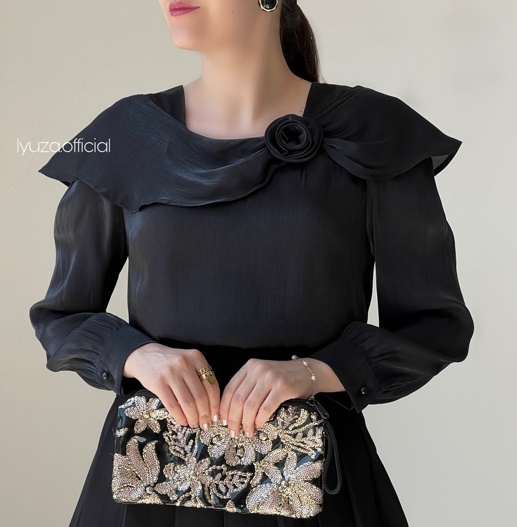 شومیز مشکی یقه گل وارداتی حریر ساتن